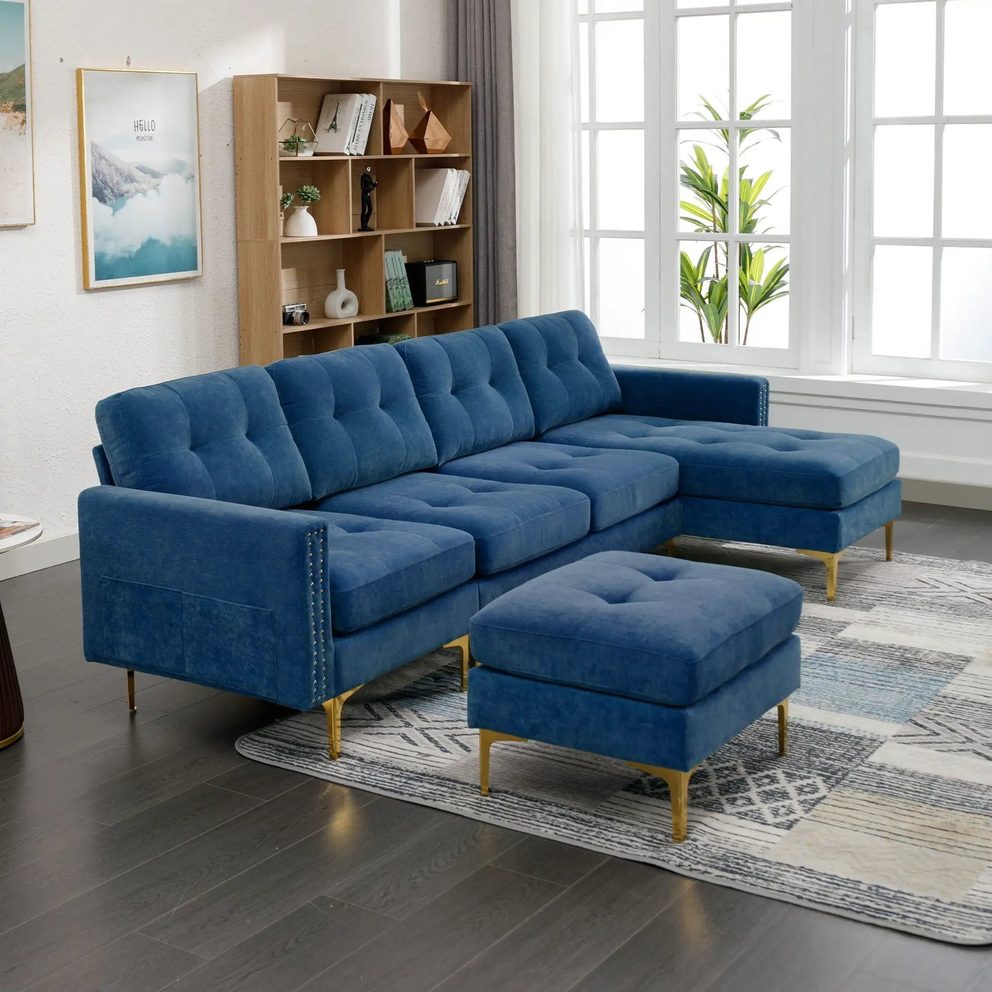 L-Shape Convertible Sectional Sofa with Movable Ottoman in blue velvet, 2-piece set on Tampa Home & Garden Store
