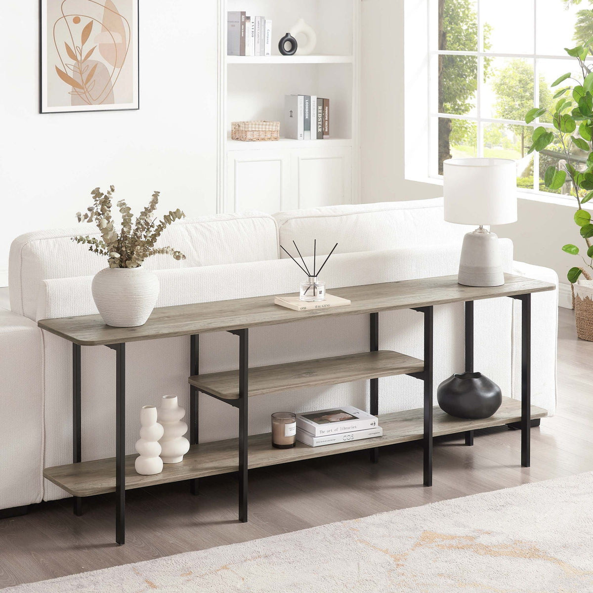 Celine 3-Shelf Console Table with durable wood veneer top in gray by HouseOfZazla on Tampa Home & Garden Store