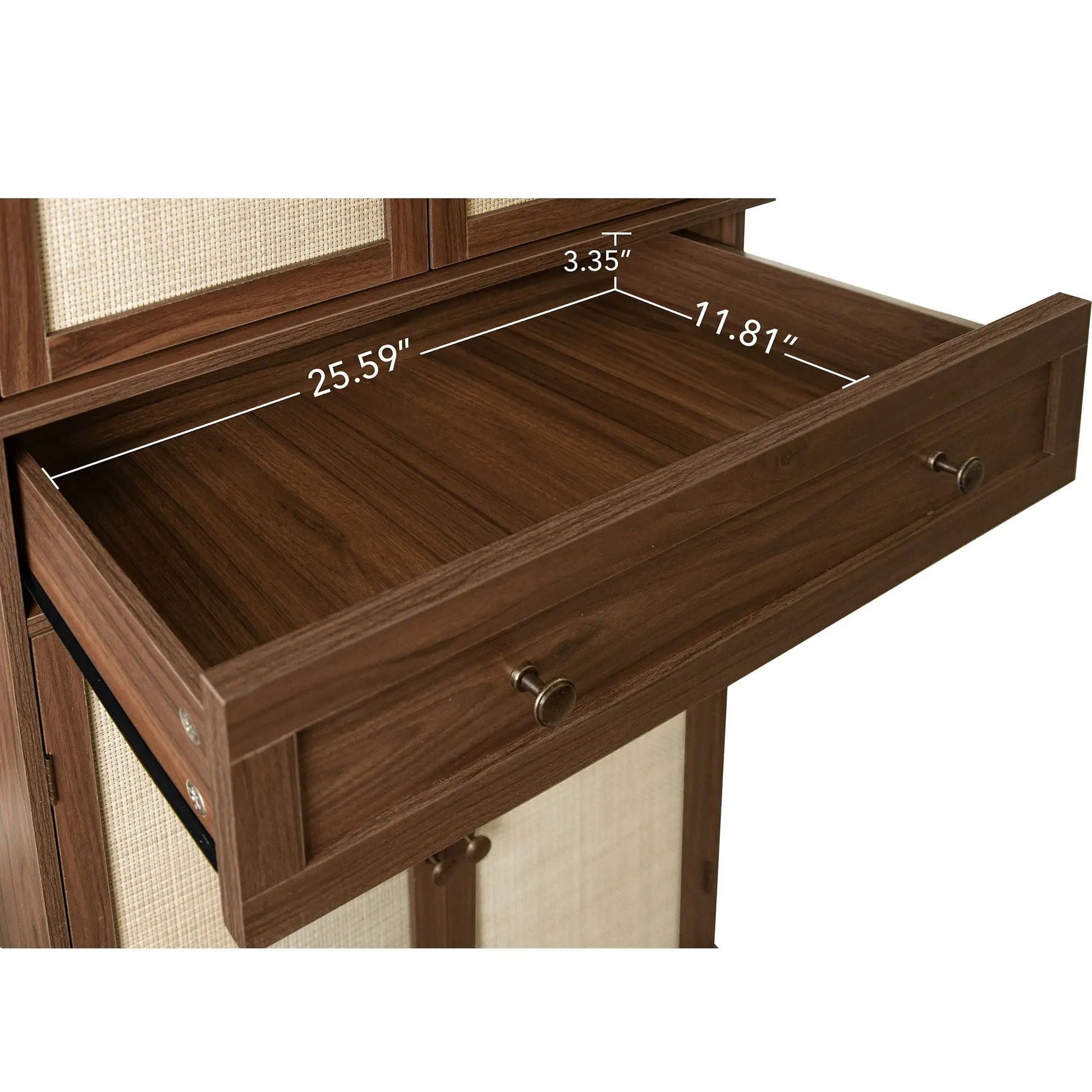 Dark wood 4-door storage cabinet with 1 drawer; open drawer reveals space and measurement lines on Tampa Home & Garden Store