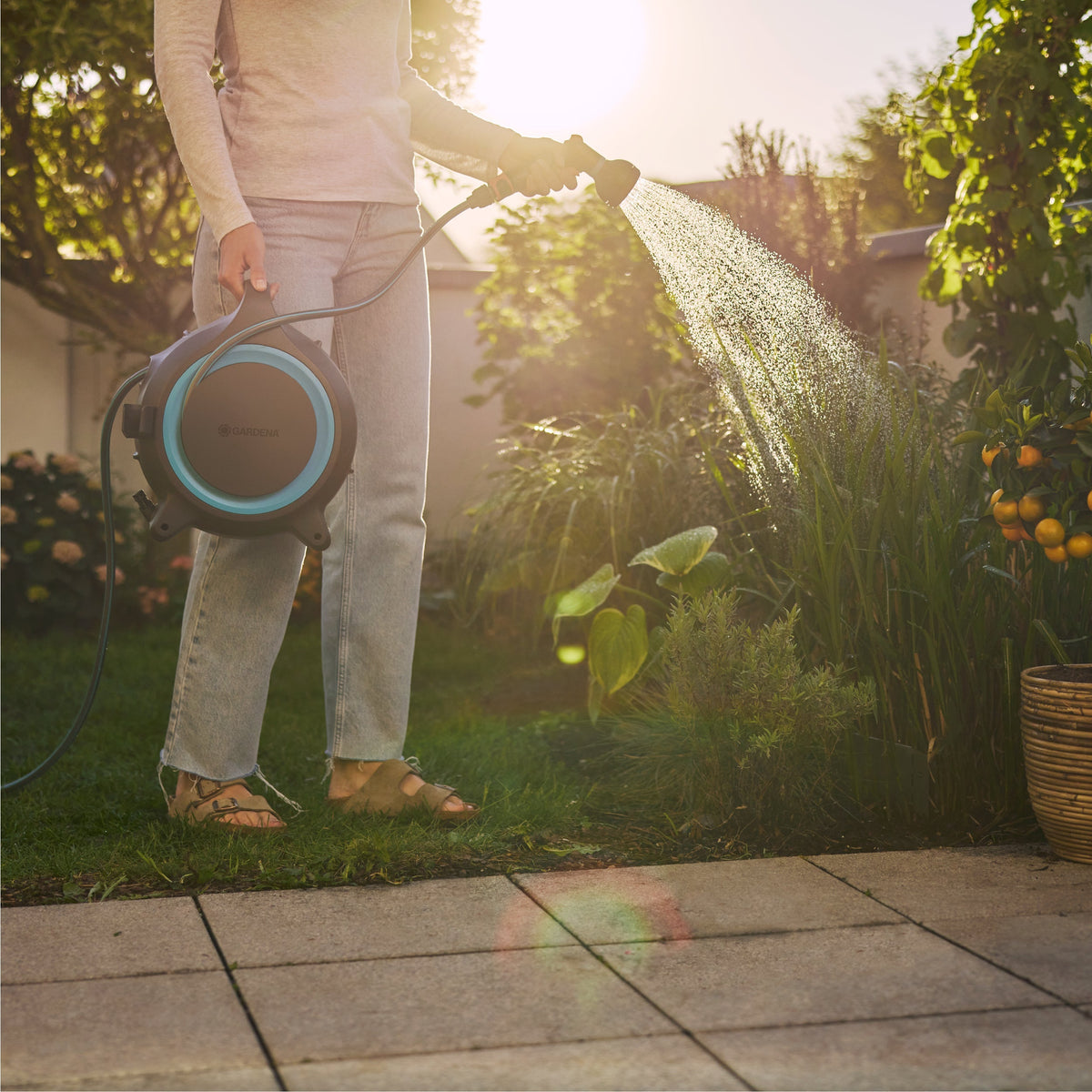 Gardena MoveMatic 18690 portable hose box with blue hose reel for watering in garden on Tampa Home & Garden Store