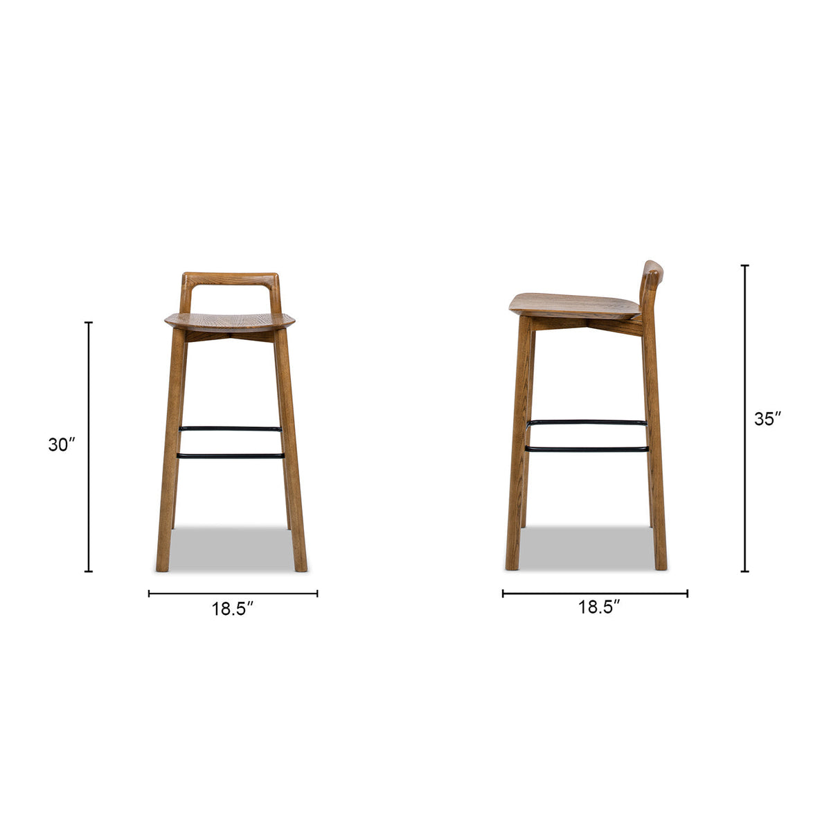 Pair of walnut bar stools with modern minimalist low back and iron footrests by HouseOfZazla on Tampa Home & Garden Store
