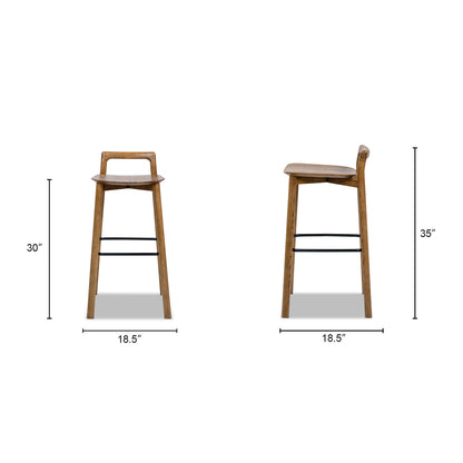 Pair of walnut bar stools with modern minimalist low back and iron footrests by HouseOfZazla on Tampa Home & Garden Store