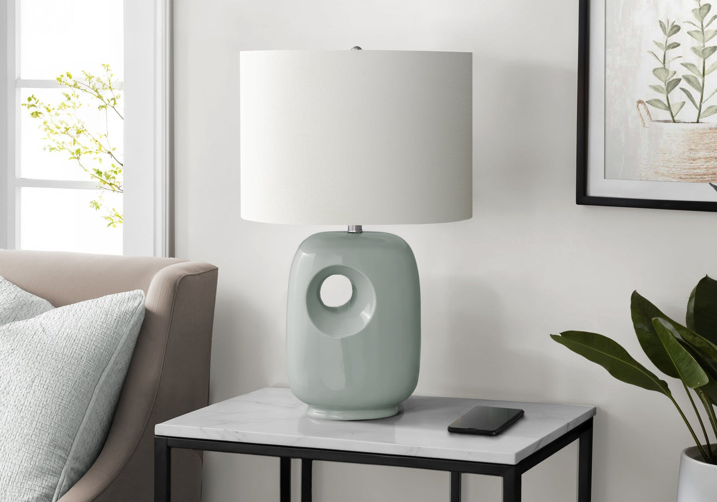 HouseOfZazla green ceramic table lamp with ivory shade, 26in tall, hollow base on marble table on Tampa Home & Garden Store