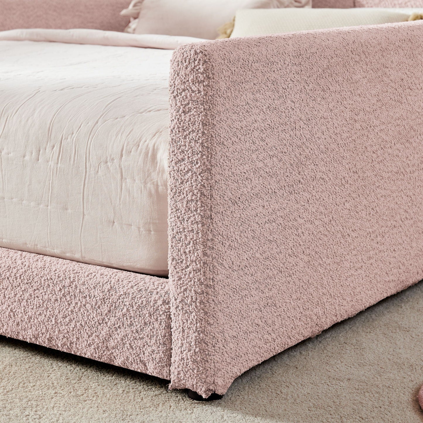 Pink rabbit-ear upholstered platform bed frame with safety rail on Tampa Home & Garden Store