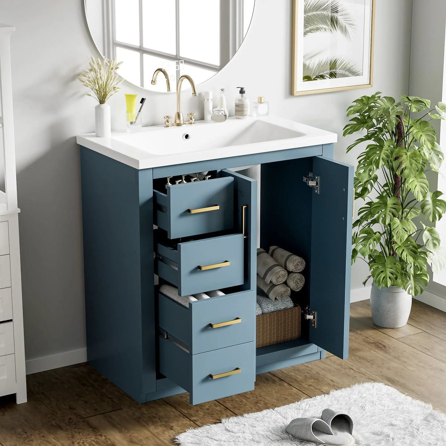 Ceramic sink vanity set Unique Piece Furniture, blue freestanding cabinet with 3 drawers on Tampa Home & Garden Store