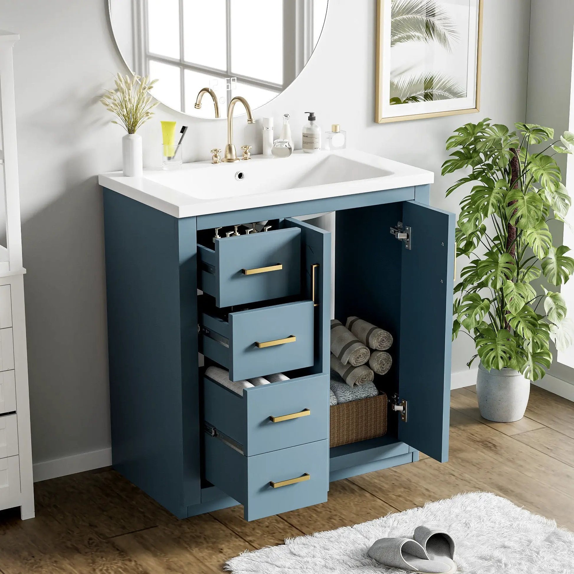 Ceramic sink vanity set Unique Piece Furniture, blue freestanding cabinet with 3 drawers on Tampa Home & Garden Store