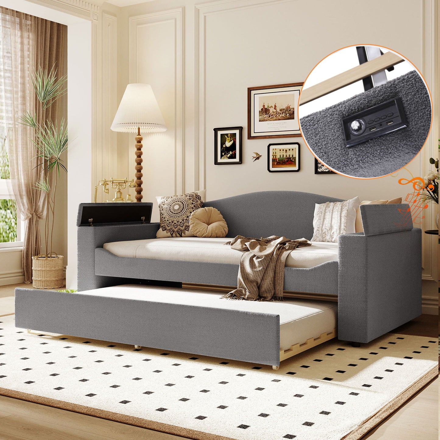 HouseOfZazla gray upholstered daybed with storage, armrests, and trundle with built-in audio on Tampa Home & Garden Store