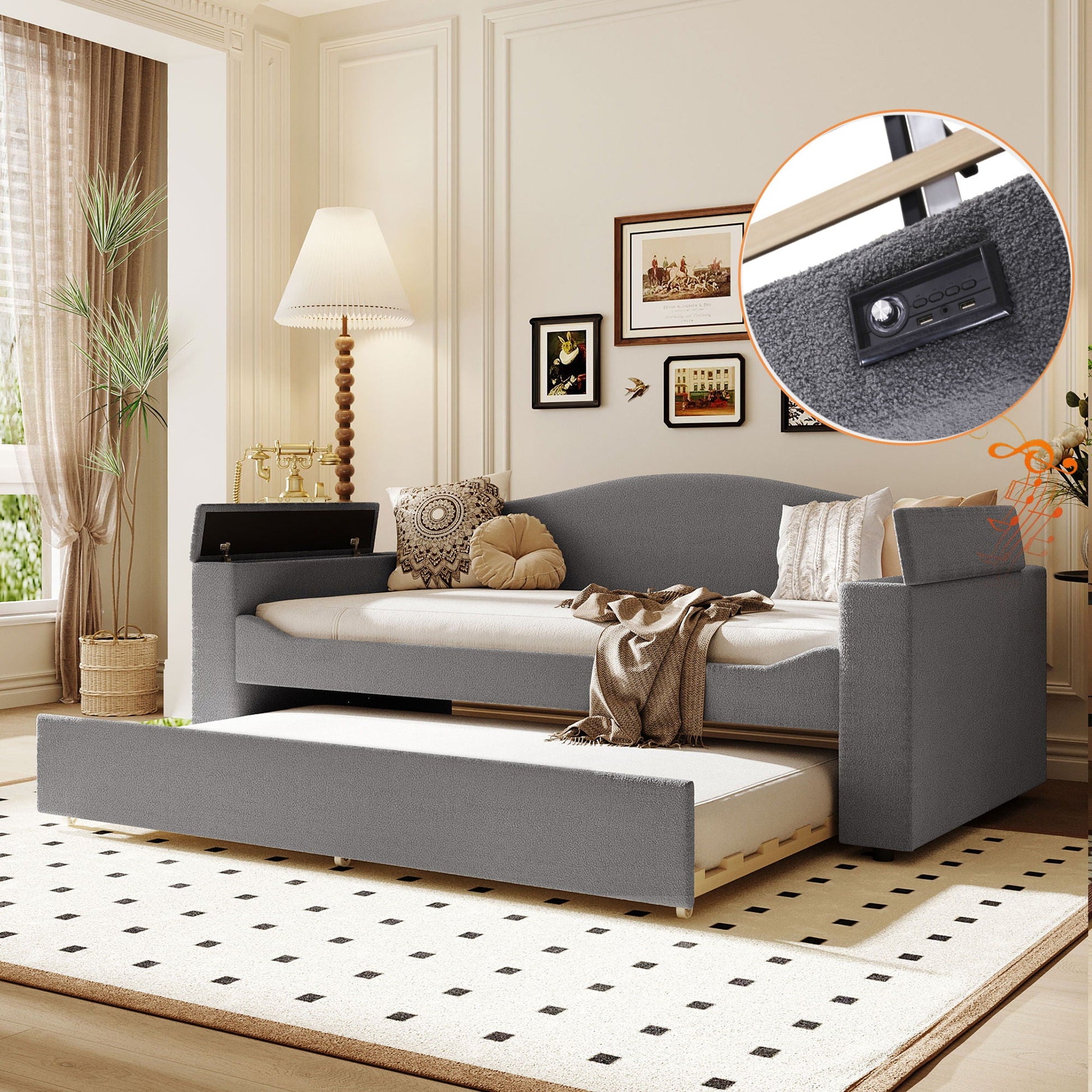 HouseOfZazla gray upholstered daybed with storage, armrests, and trundle with built-in audio on Tampa Home & Garden Store