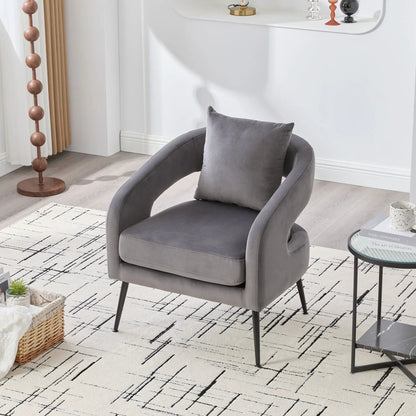 Open back accent chair in gray with curved arms and black legs by Unique Piece Furniture on Tampa Home & Garden Store