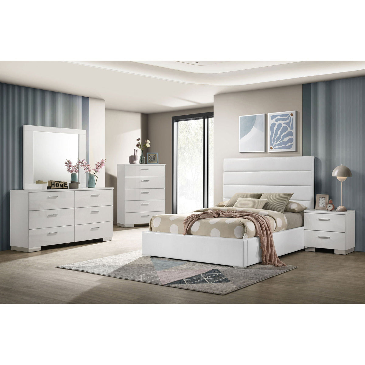 Dulcey Platform Bed white upholstered beige bedding in a modern on Tampa Home & Garden Store