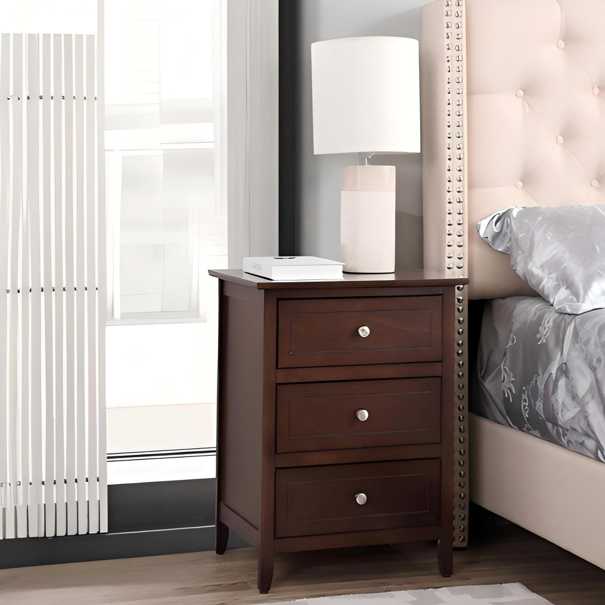 3 Drawer Nightstand with Real Wood Veneers in dark brown, silver knob pulls, bedside accent furniture on Tampa Home & Garden Store