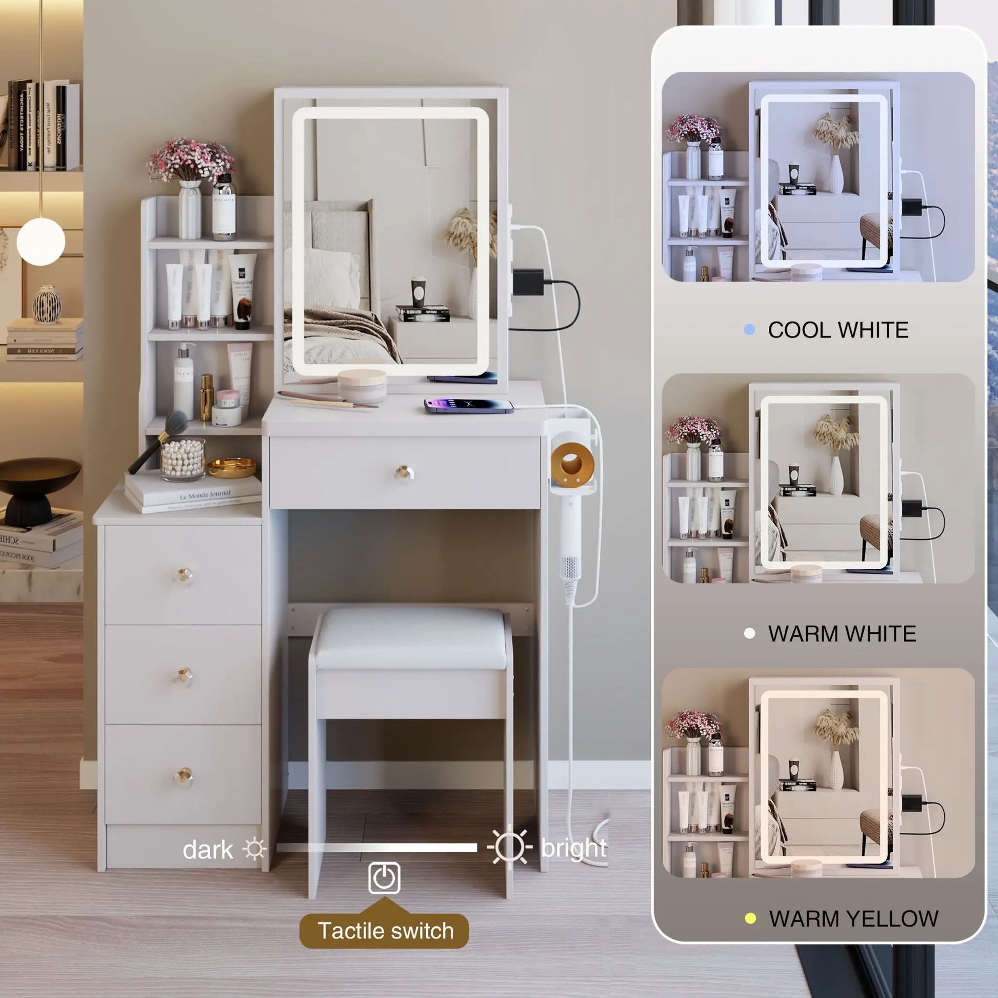 Cabinet vanity table with cushioned stool, USB power station, and hair dryer bracket in white on Tampa Home & Garden Store