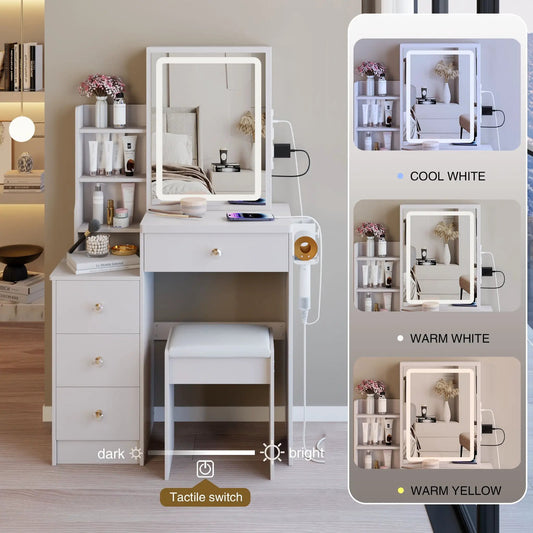 Cabinet vanity table with cushioned stool, USB power station, and hair dryer bracket in white on Tampa Home & Garden Store