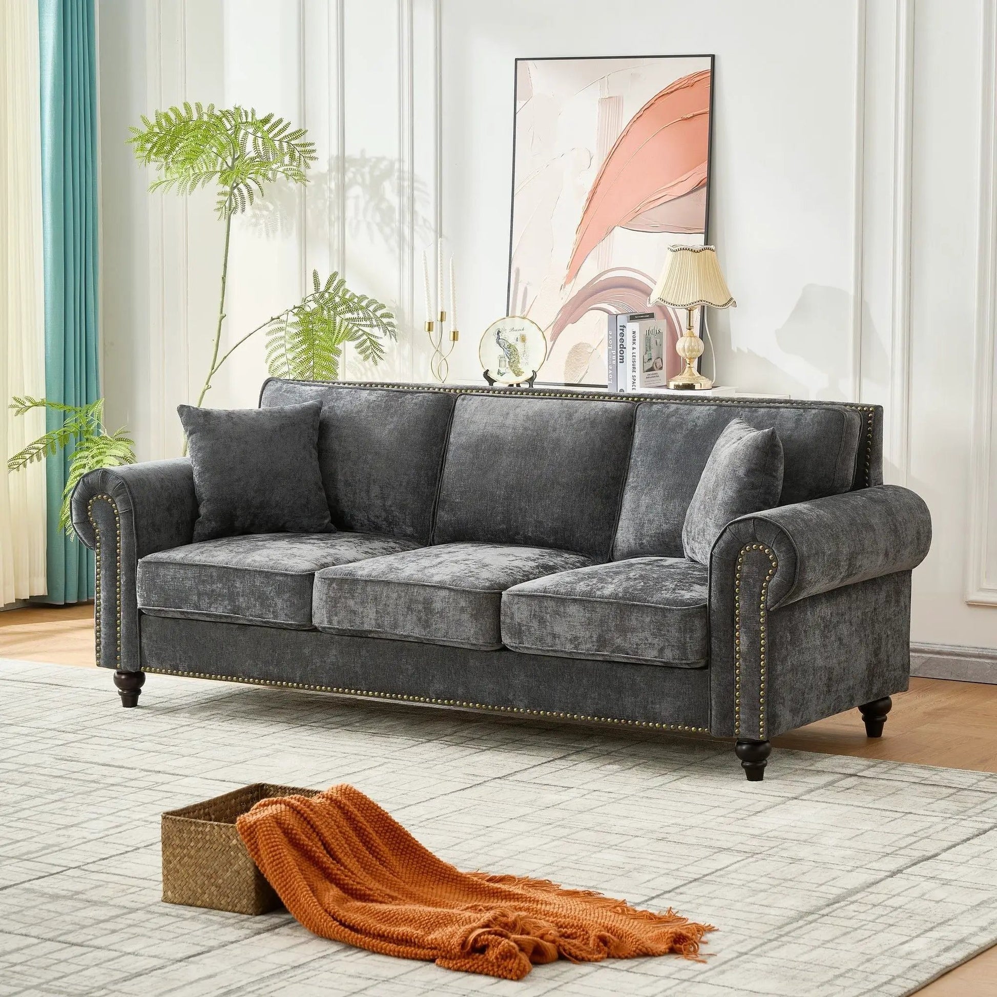 3 Seater Sofa Unique Piece Furniture tufted, rolled arms, nailhead trim in dark gray velvet on Tampa Home & Garden Store