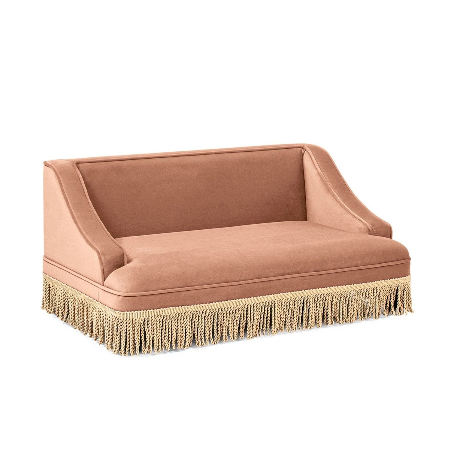 Duchess pet bed sofa in blush velvet with tassel fringe along bottom on Tampa Home & Garden Store