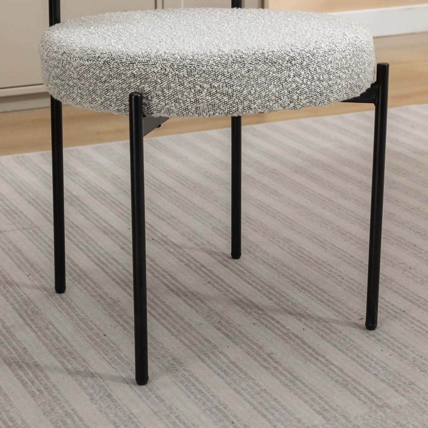 Burbank round boucle dining chairs set of 2 with black metal legs and gray/white upholstery on Tampa Home & Garden Store