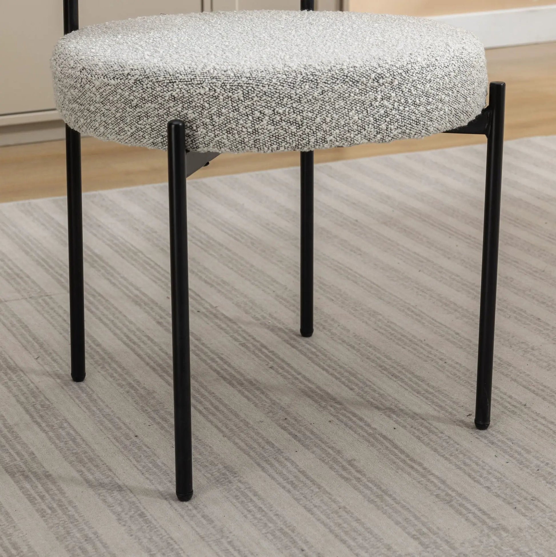 Burbank round boucle dining chairs set of 2 with black metal legs and gray/white upholstery on Tampa Home & Garden Store