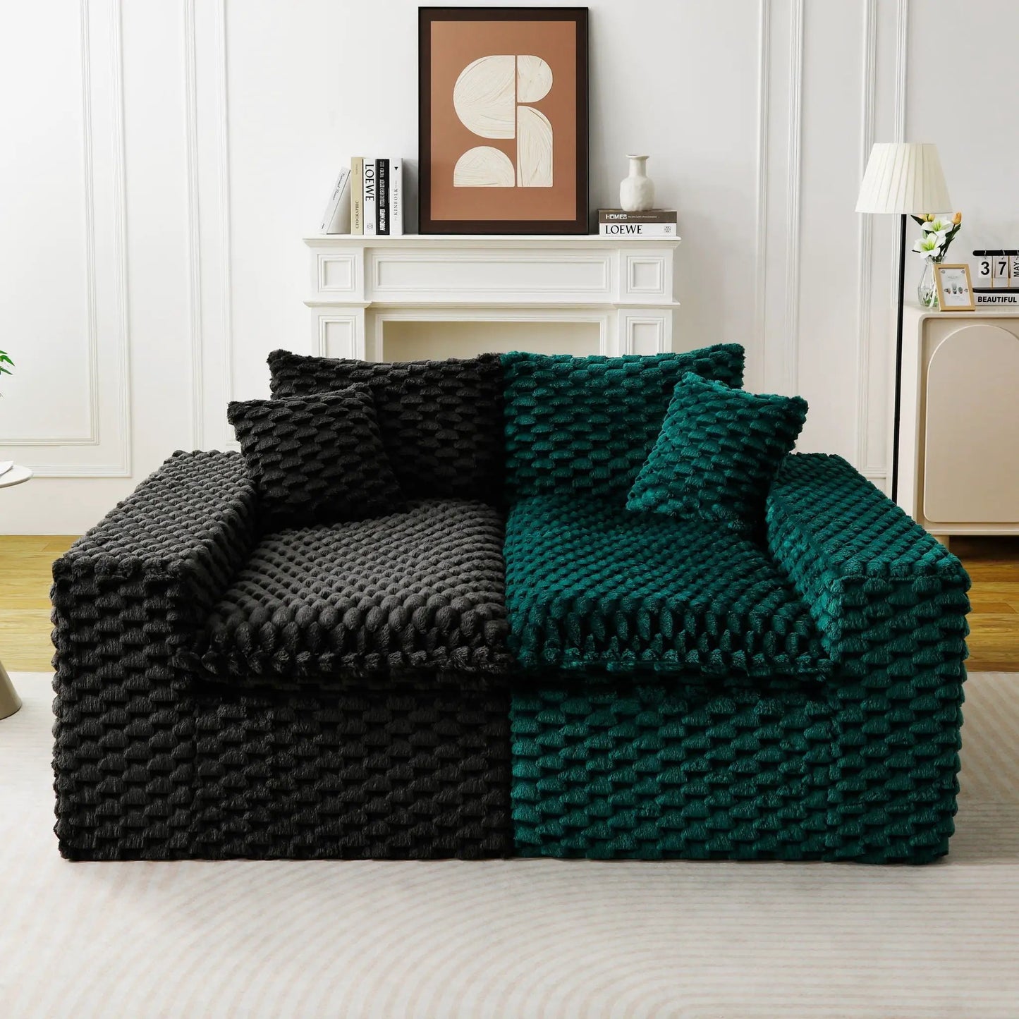 Multifunctional sofa with chunky knit upholstery in charcoal gray and teal in a living room on Tampa Home & Garden Store