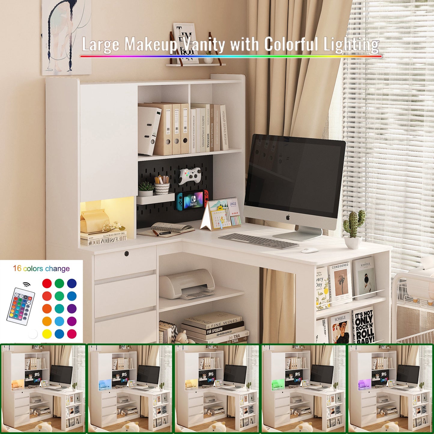 L-shaped office desk with charger, bookshelf with drawers and LED lights, and corner gaming computer desk with storage space - Tampa Home & Garden Store