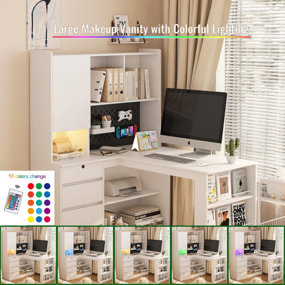 L-shaped office desk with charger, bookshelf with drawers and LED lights, and corner gaming computer desk with storage space - Tampa Home & Garden Store