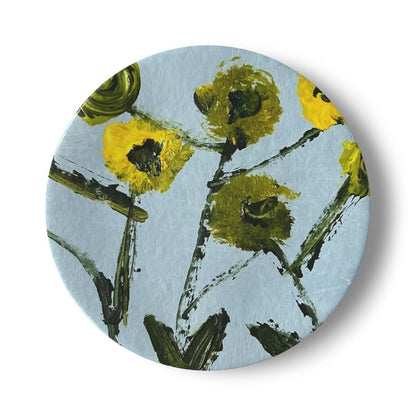 China plate Lemon Posey by Erin Donahue Tice; blue background with yellow floral print on Tampa Home & Garden Store