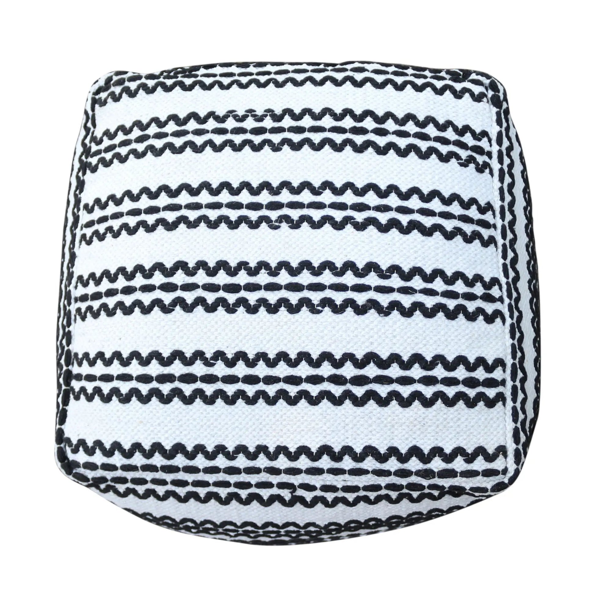 Lani handcrafted fabric pouf, cotton square in natural white with black zigzag stitch pattern on Tampa Home & Garden Store