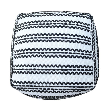 Lani handcrafted fabric pouf, cotton square in natural white with black zigzag stitch pattern on Tampa Home & Garden Store