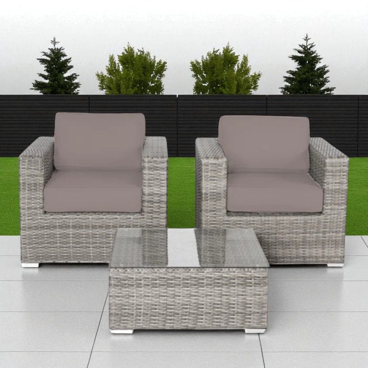 Wicker outdoor seating group with taupe cushions and glass-top coffee table; 2 chairs on Tampa Home & Garden Store