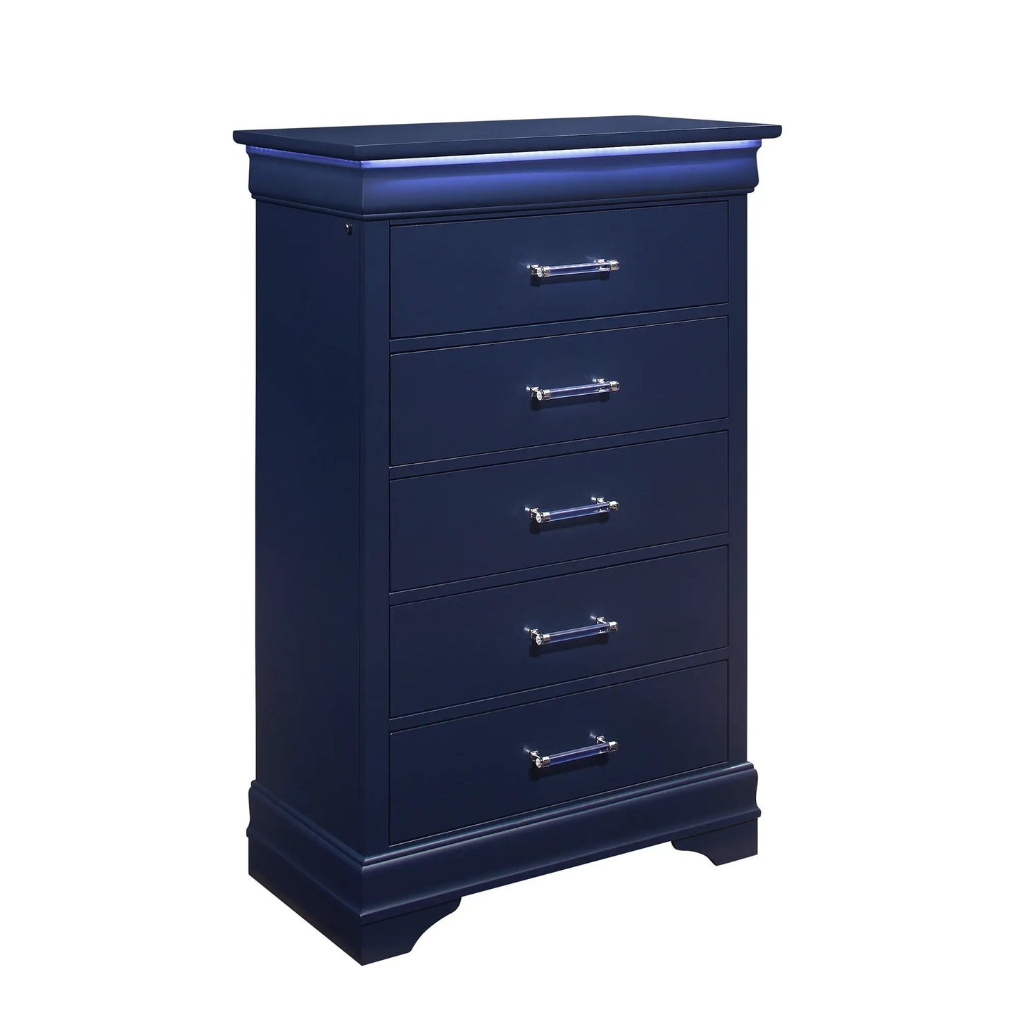 Charlston Chest With LED navy blue accent chest with LED glow under crown molding on Tampa Home & Garden Store
