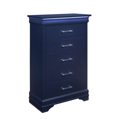 Charlston 5 Piece Bedroom Set by HouseOfZazla navy blue dresser with chrome bar pulls on Tampa Home & Garden Store