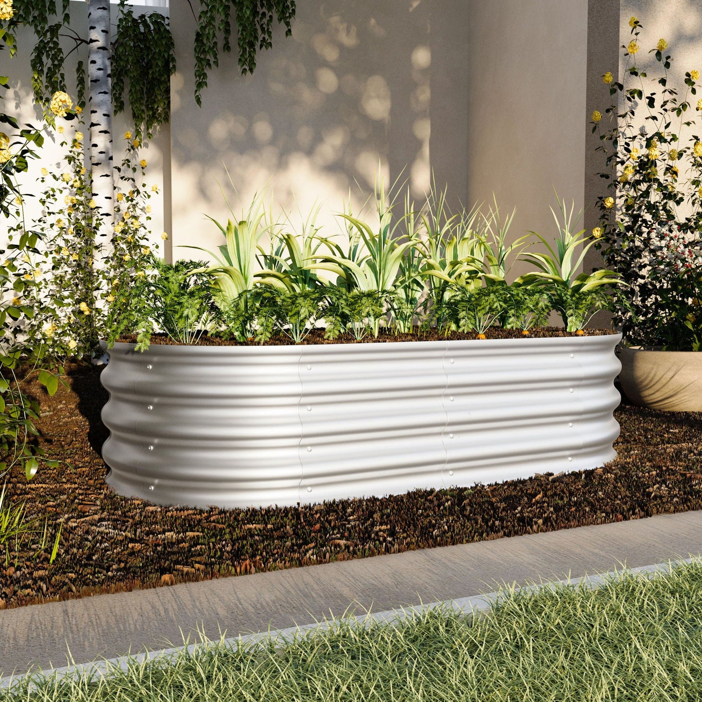 Heavy duty galvanized raised garden bed planter filled with soil and various green plants on Tampa Home & Garden Store