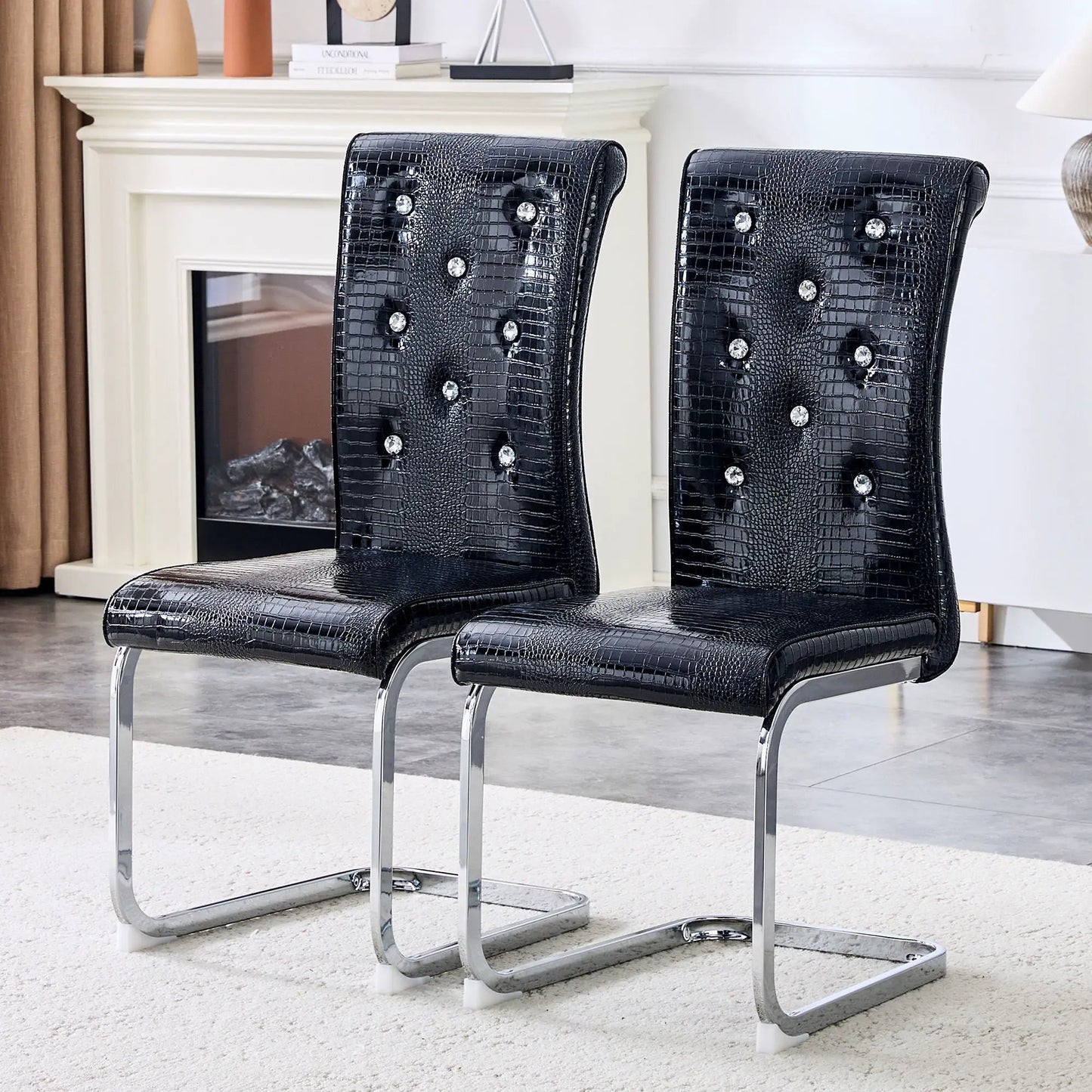 Elegant Design Upholstered Dining Chairs, black crocodile leather with crystal, 2 chairs on Tampa Home & Garden Store