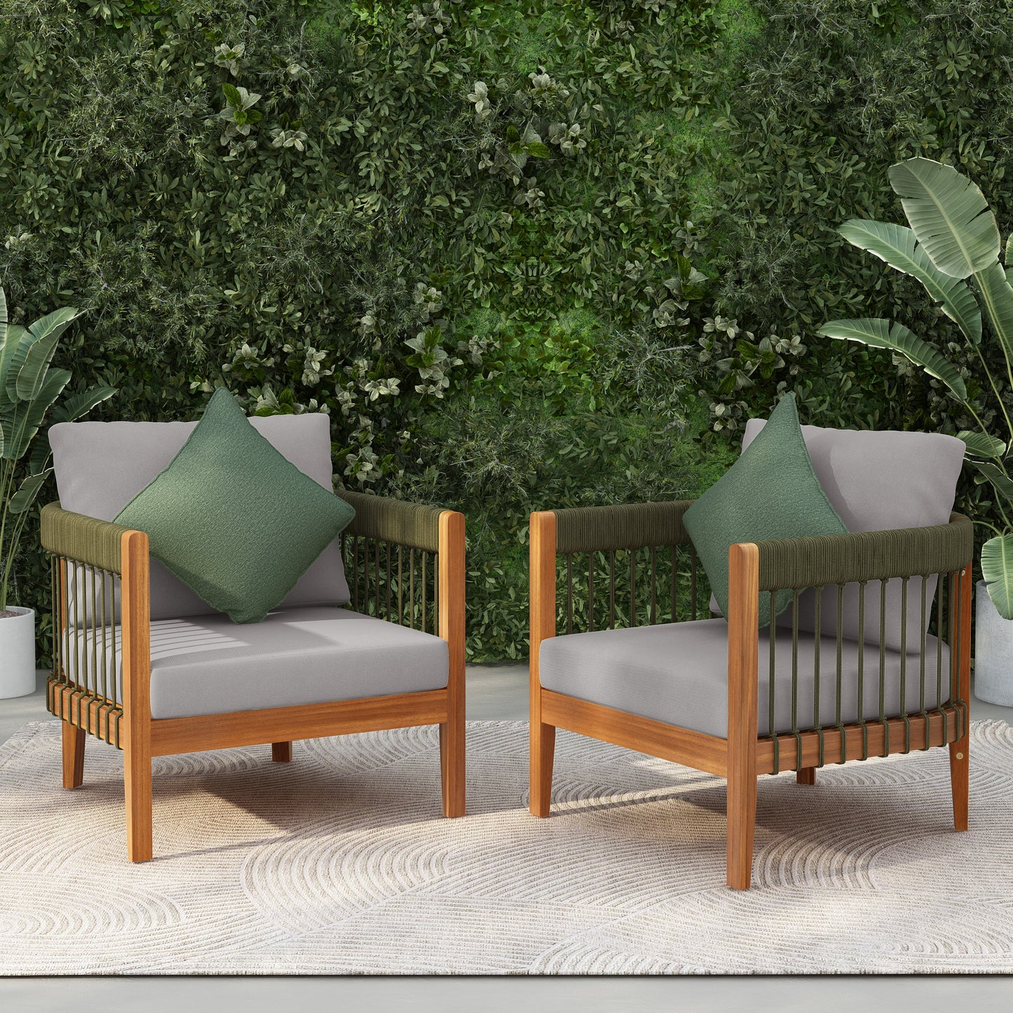Set Of 2 Acacia Wood Club Chairs With Rope