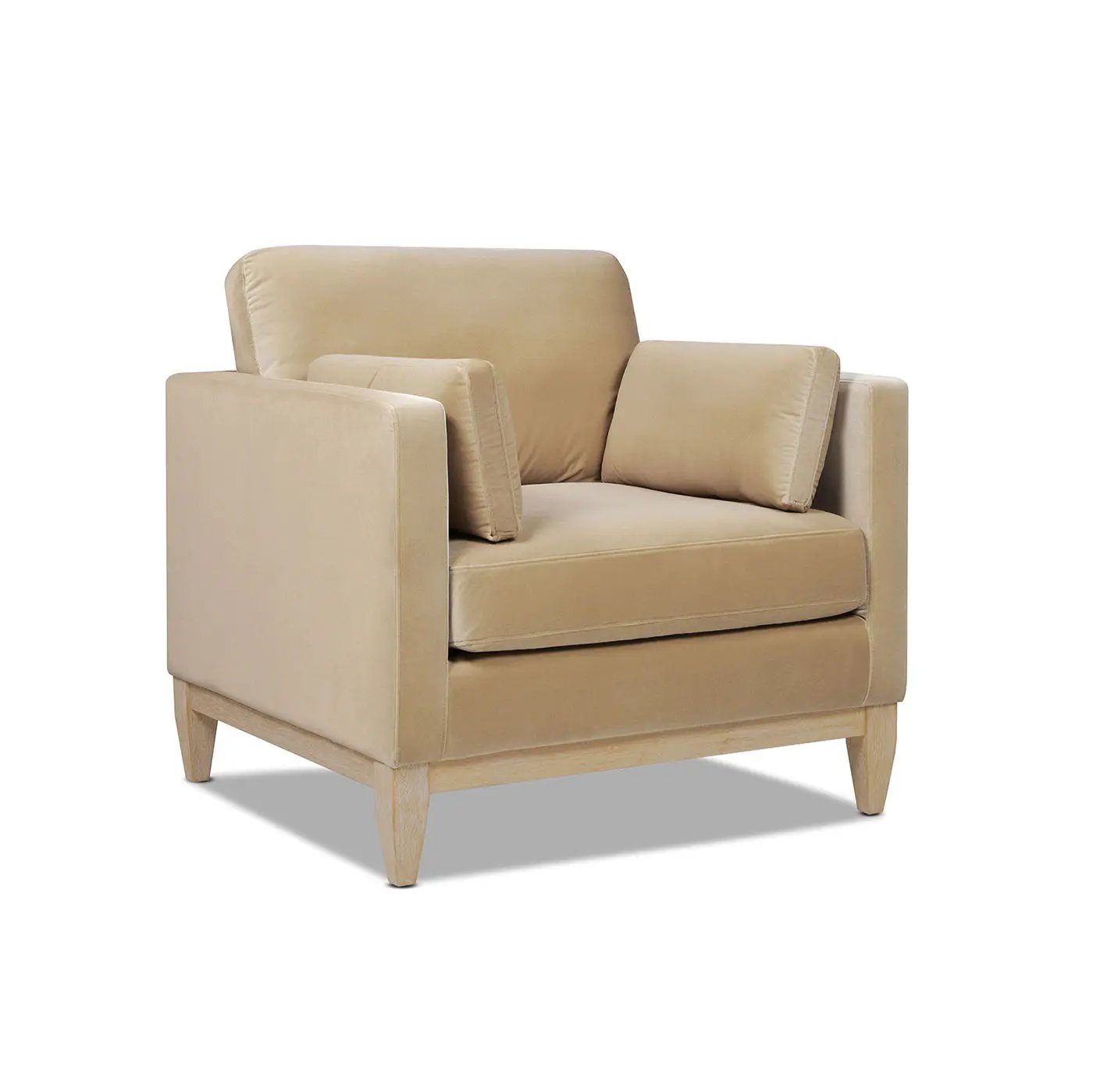 Knox Modern Farmhouse Arm Chair beige fabric with two cushions and light wood legs on Tampa Home & Garden Store