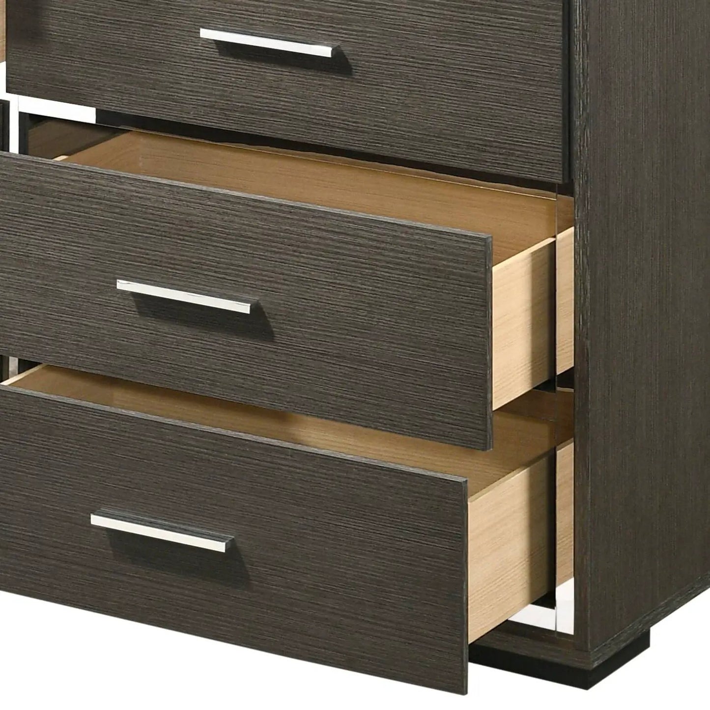 Escher dresser in gray oak with dark textured veneer and silver bar pulls, multiple drawers on Tampa Home & Garden Store