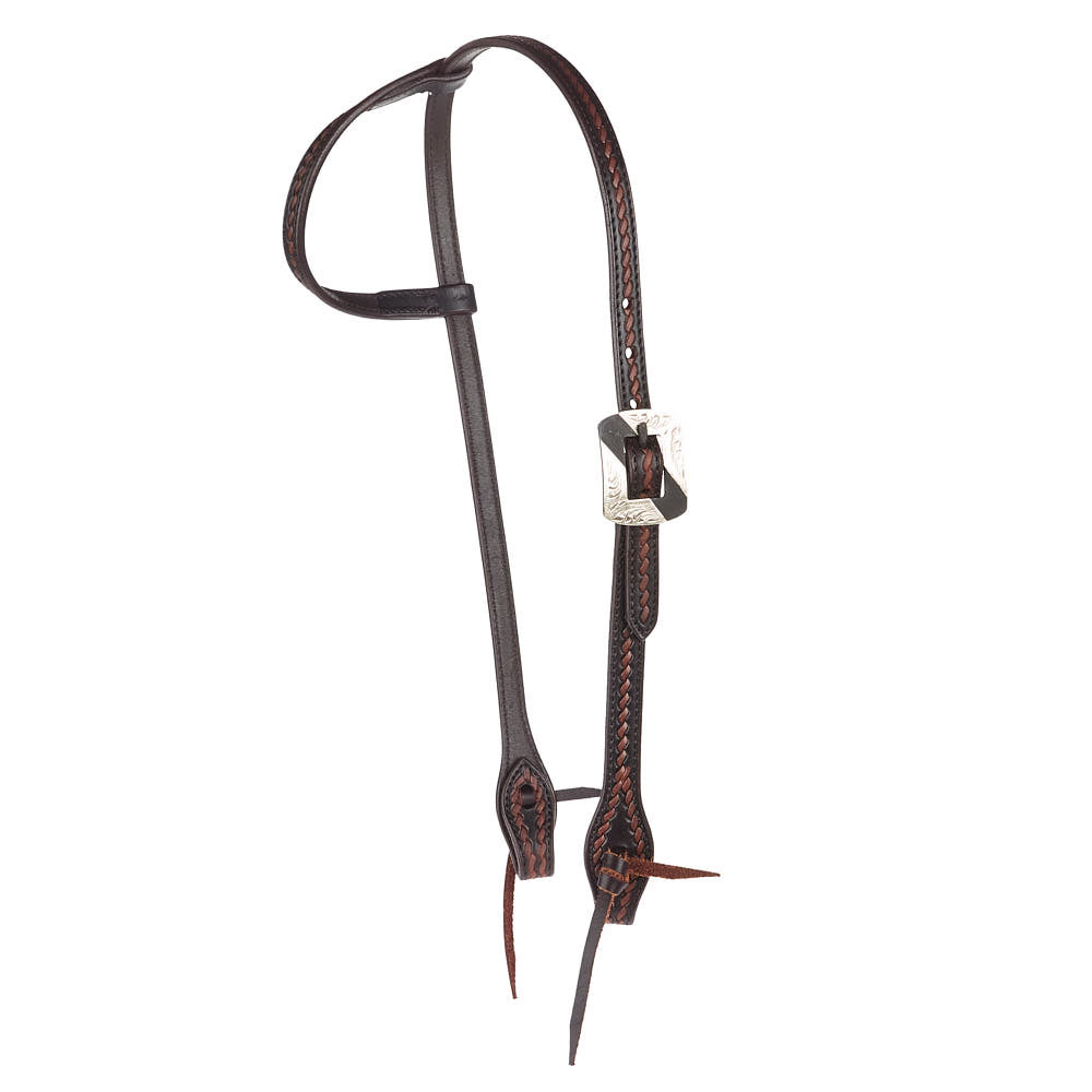 Headstall Mayatex single-ear oiled rope tooling with silver buckle 5/8 in dark leather on Tampa Home & Garden Store