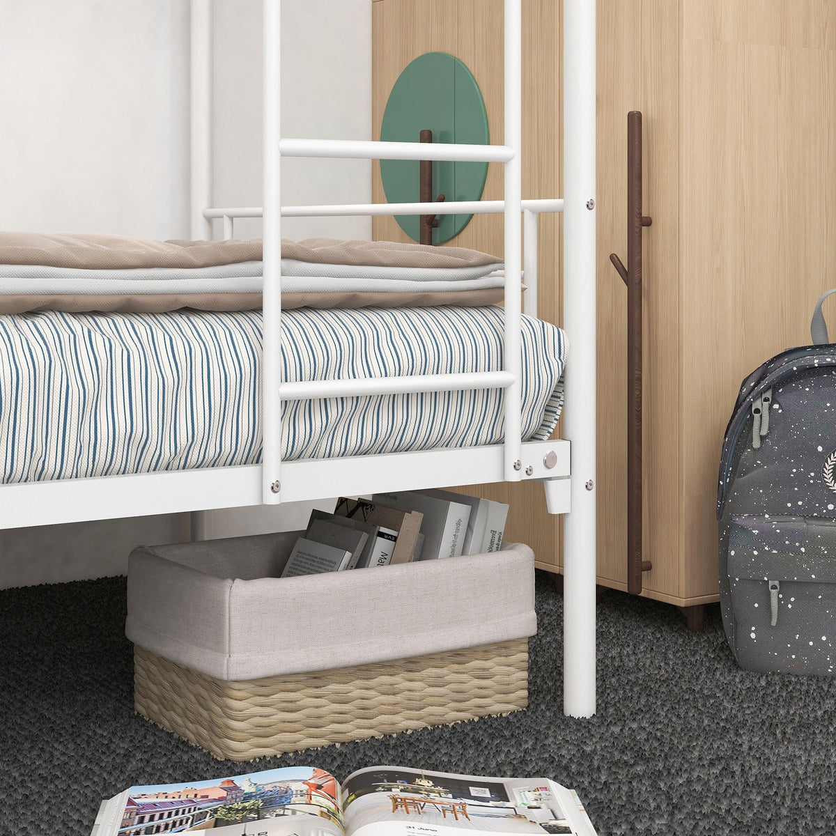 Twin over twin metal bunk bed with white frame and blue striped bedding by HouseOfZazla on Tampa Home & Garden Store