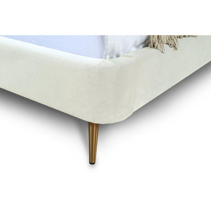 Heather upholstered bed with curved headboard in ivory fabric and gold tapered leg by HouseOfZazla on Tampa Home & Garden Store