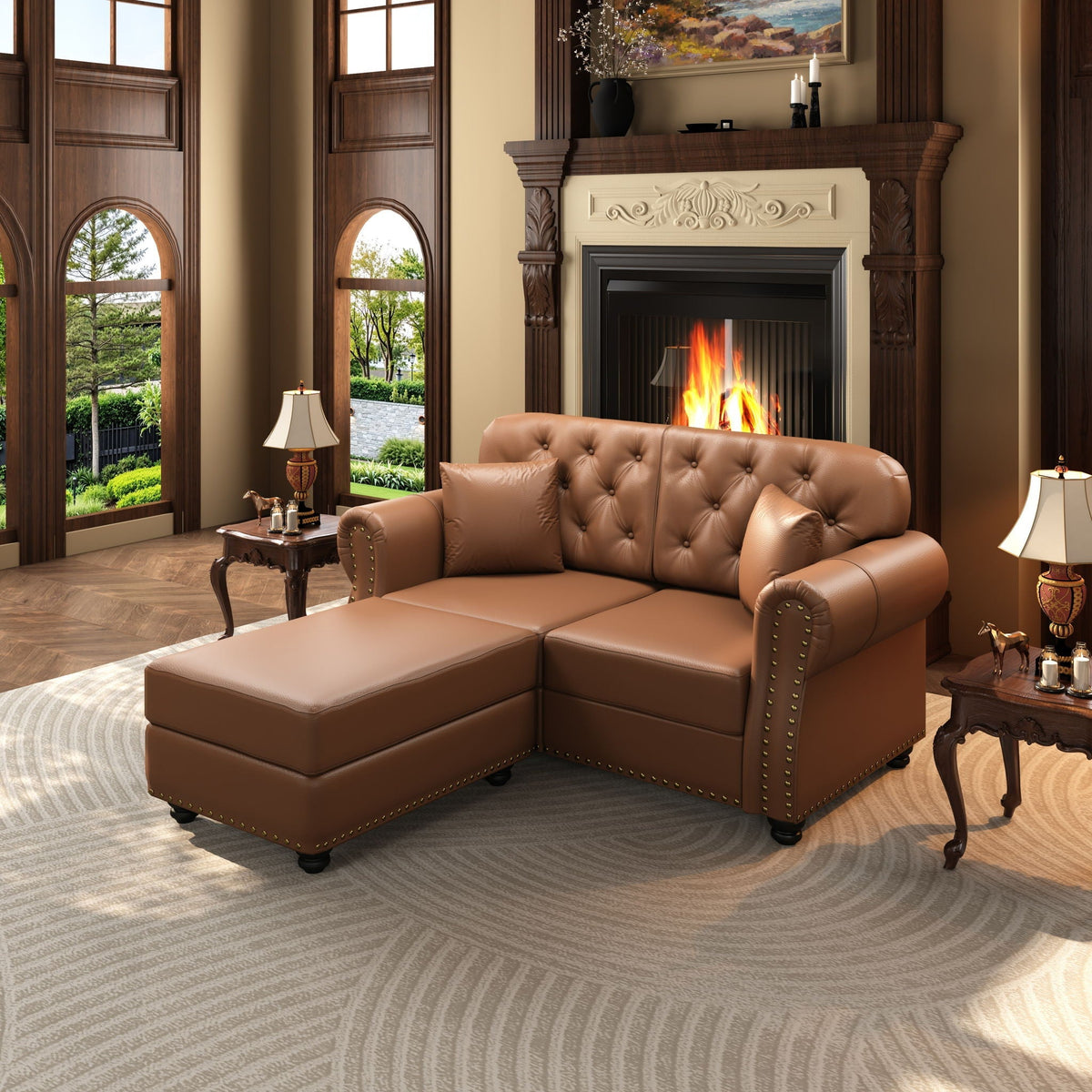 Upholstered Sofa with Nailhead and Ottoman