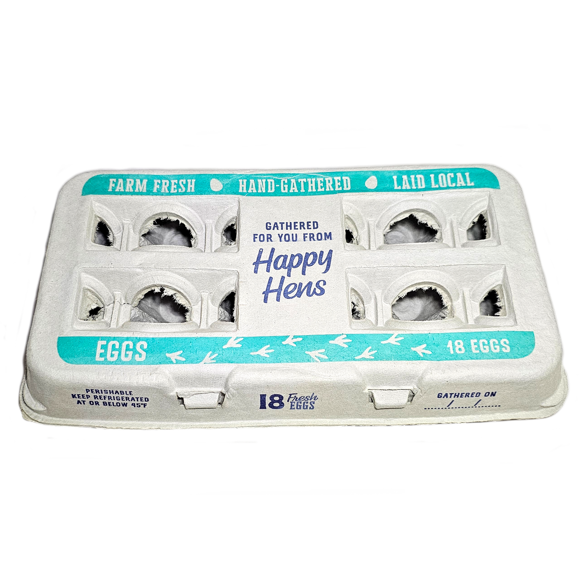 Egg carton cardboard with teal label 18 EGGS and Happy Hens branding on Tampa Home & Garden Store