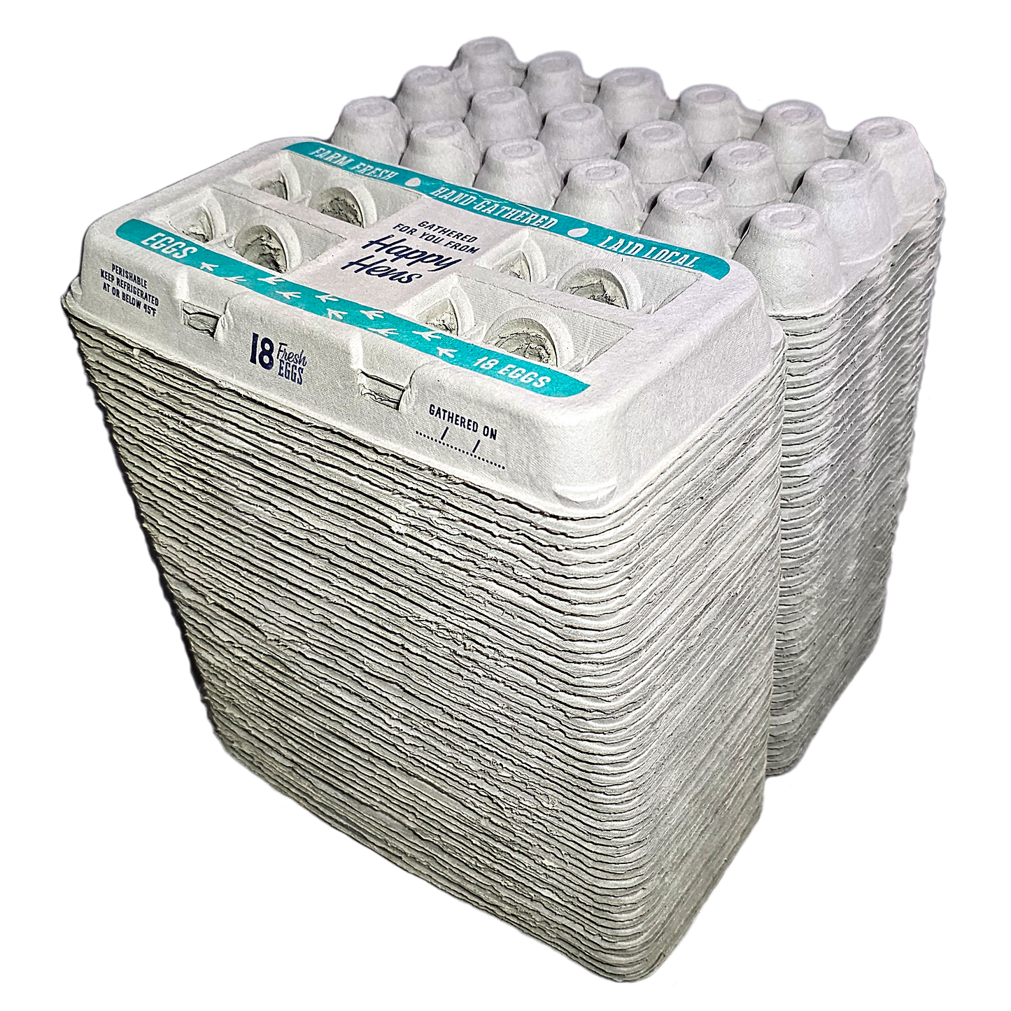 Egg cartons 18-pack made of gray recycled pulp with teal label reading Fresh Eggs on Tampa Home & Garden Store