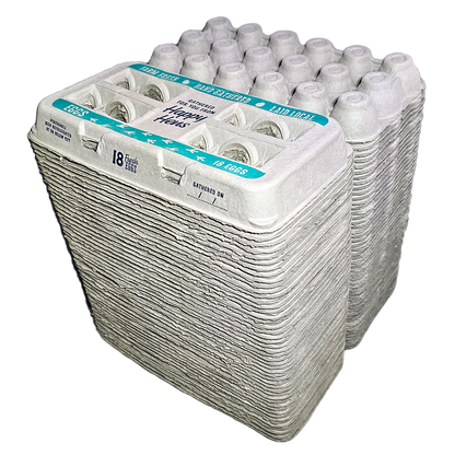 Egg cartons 18-pack made of gray recycled pulp with teal label reading Fresh Eggs on Tampa Home & Garden Store