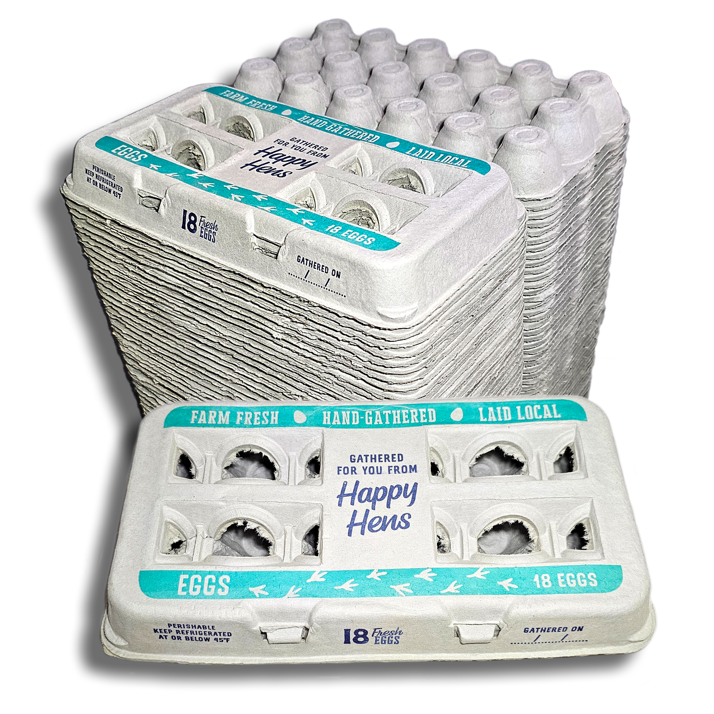 18-egg pulp egg cartons for farm fresh eggs with teal Farm Fresh Hand-Gathered Laid Local label on Tampa Home & Garden Store