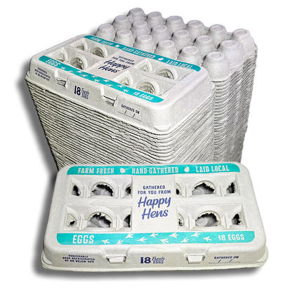 18-egg pulp egg cartons for farm fresh eggs with teal Farm Fresh Hand-Gathered Laid Local label on Tampa Home & Garden Store