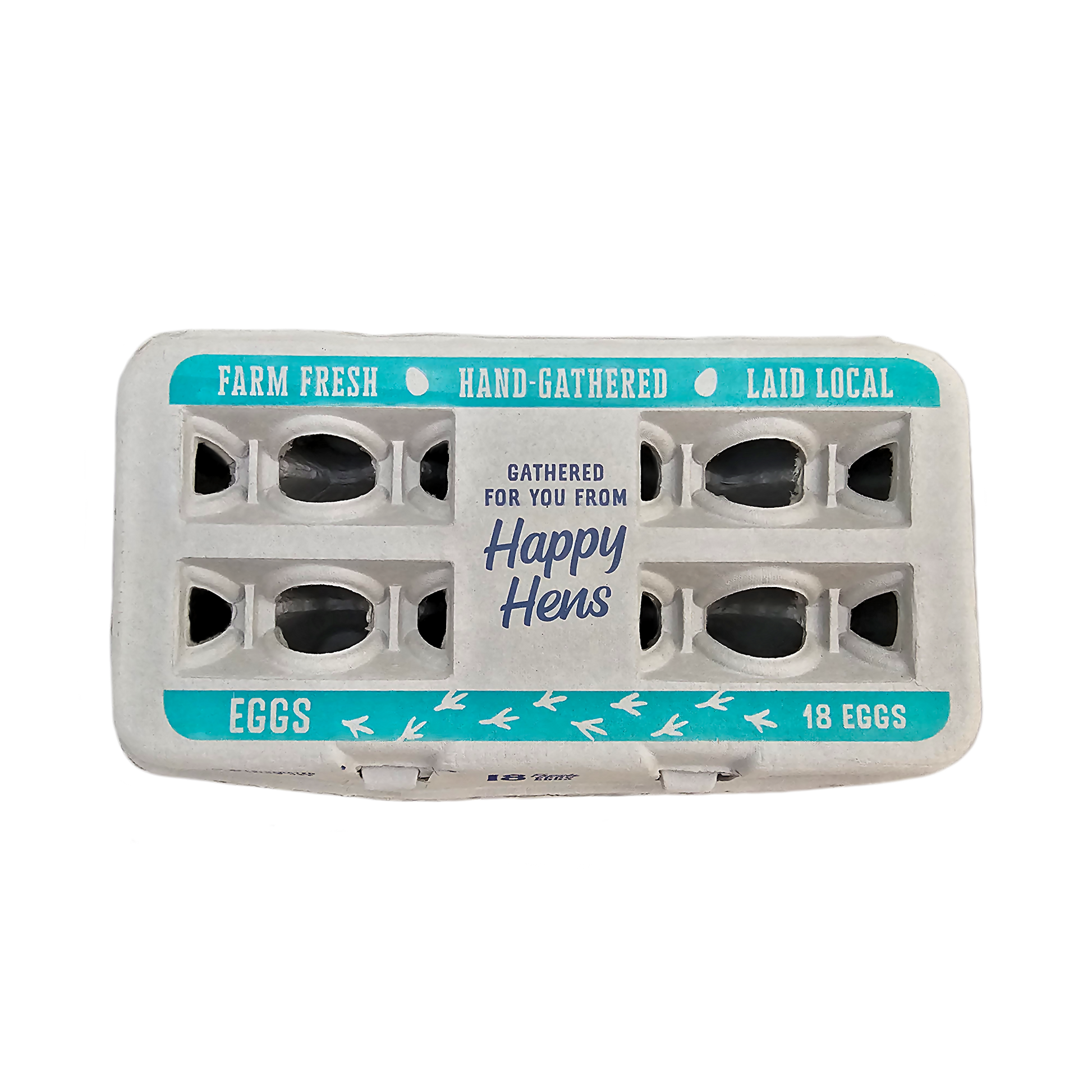 Egg carton with teal label reading 18 Eggs and farm-fresh design on Tampa Home & Garden Store