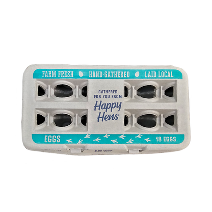 Egg carton with teal label reading 18 Eggs and farm-fresh design on Tampa Home & Garden Store