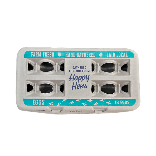 Egg carton with teal label reading 18 Eggs and farm-fresh design on Tampa Home & Garden Store
