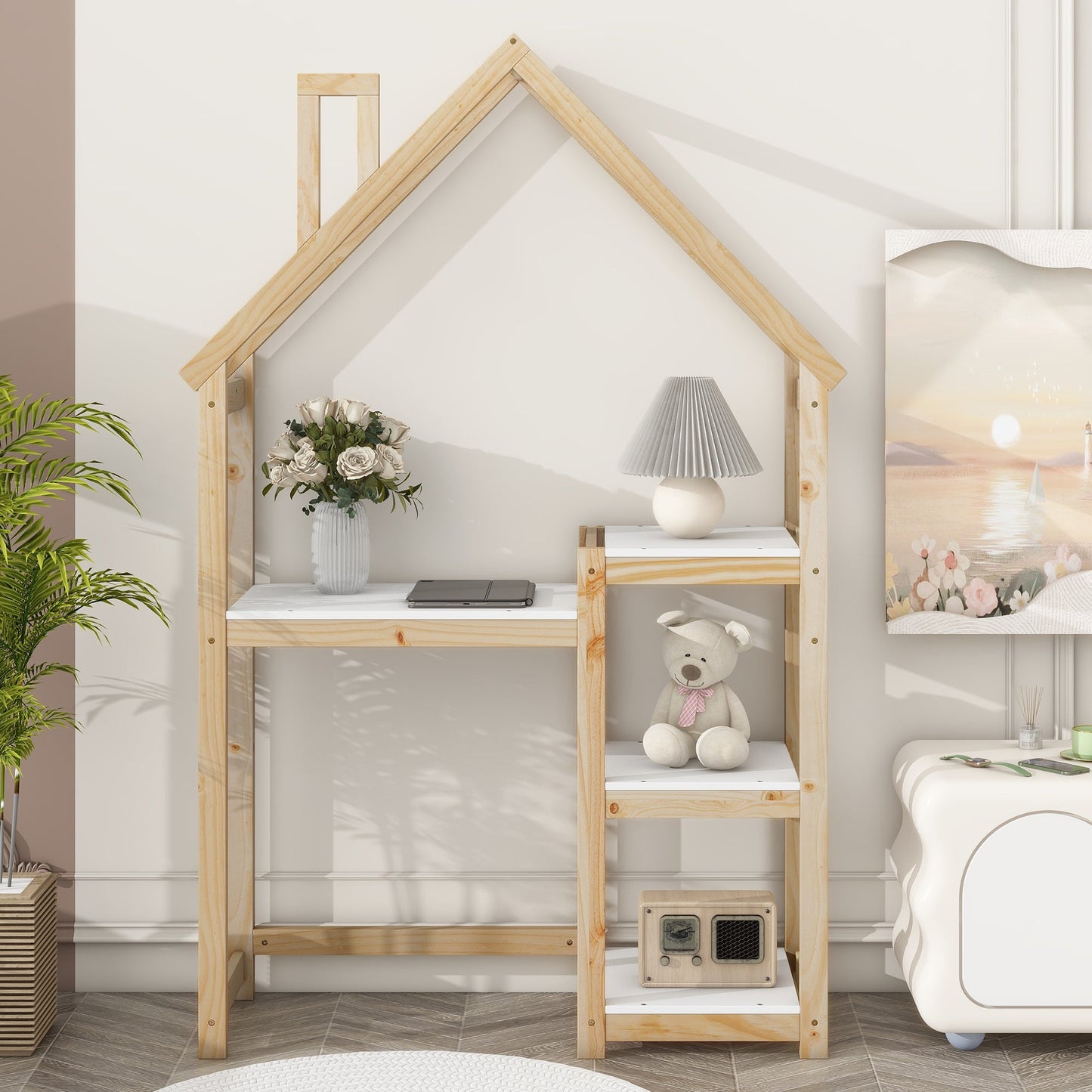 House-shaped Wooden writing Desk Kids study Table Bookshelf & Toy Storage Natural - Tampa Home & Garden Store