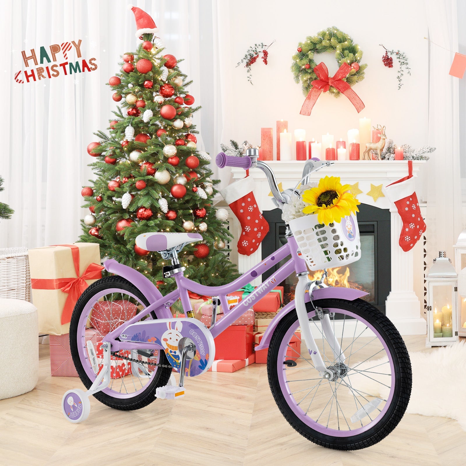 Purple 18 inch girls bike with white front basket and detachable training wheels on Tampa Home & Garden Store