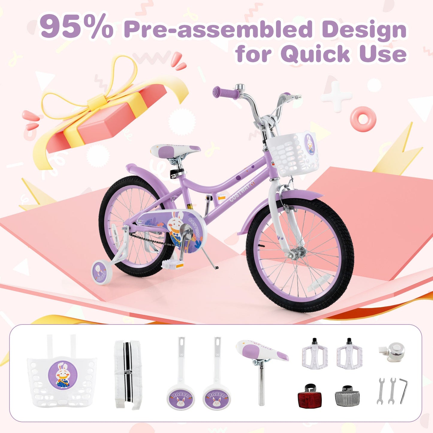 18 inch DirectDeals girl bike with purple frame, white front basket, and detachable training wheels for ages 4-8 on Tampa Home & Garden Store